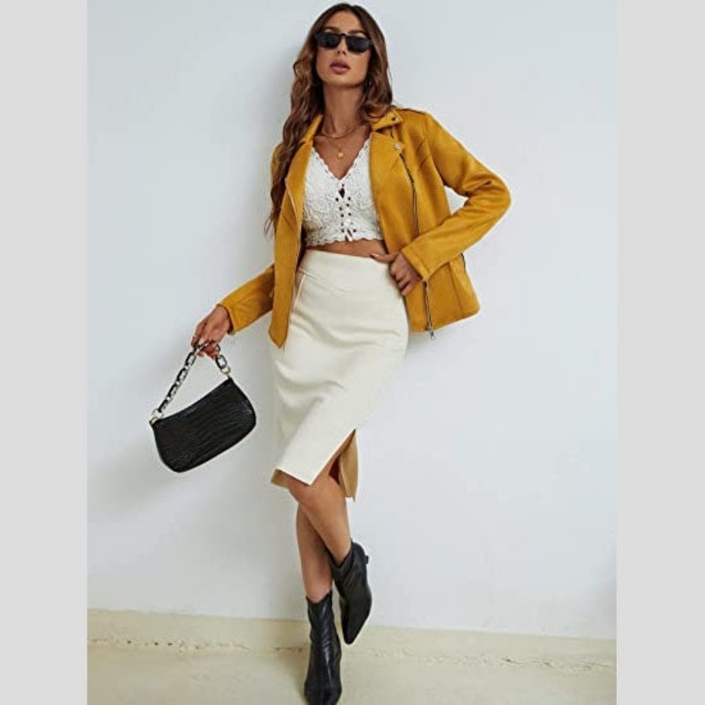 Women's Yellow Faux Suede Moto Biker Jacket